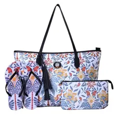Kit Verão Feminino Completo – Bolsa Praia + Chinelo + Necessaire Estilo Tropical Luxo Palmeira