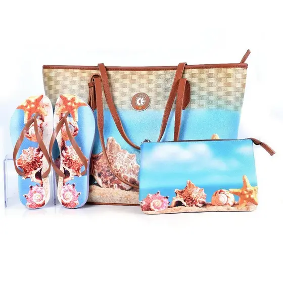 Kit Praia Feminino: Bolsa + Chinelo + Nécessaire – Estilo e Praticidade Concha2