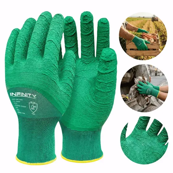 Kit 5 Prs Luva Látex Corrugado Verde Coleta Jardinagem Epi