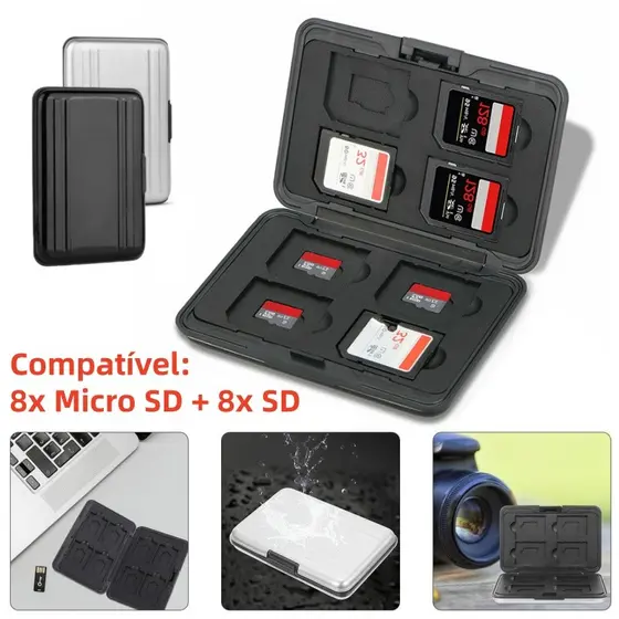 Caixa de armazenamento de alumínio compatível com cartões Micro SD e SD com 16 slots