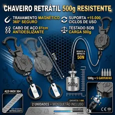 2 Chaveiro Retrátil Pesado Cabo de Aço 81cm Suporta 500g Porta Crachá Magnético com Mosquetão