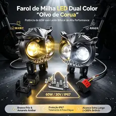 Kit 2 Farol De Moto Super Led 6000 Lumes Olho De Coruja Lente Auxiliar De Cor Dupla Branco E Amarelo