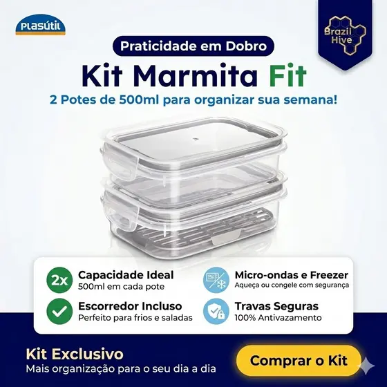 Porta Frios Escorredor Kit 2 Potes Herméticos 500 ml Plasútil Livre BPA Organizador Geladeira Freezer Microondas Marmita