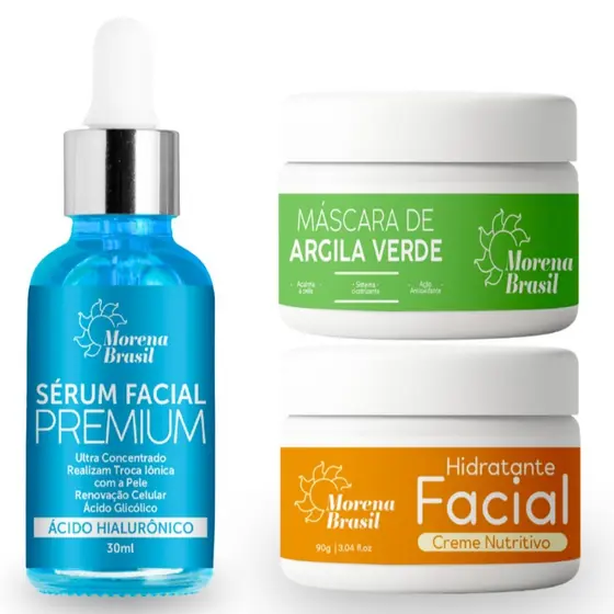 Kit Revitalização Facial Completo - Sérum Ácido Hialurônico + Argila Verde + Creme Vitamina C