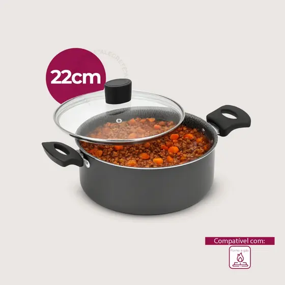 Caçarola Alegrete Enjoy Antiaderente Tampa de Vidro Cinza Grafite 20cm a 22cm