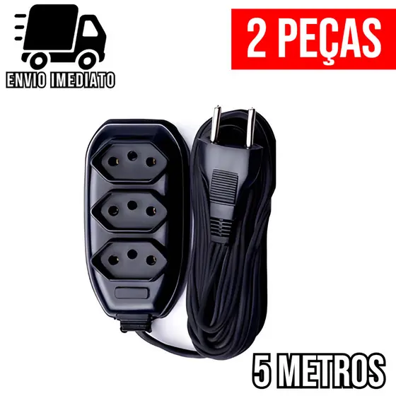 Kit 2 Extensão Elétrica 5 Metros Bivolt com 3 Tomadas 110v Tripolar Alexa Compacta