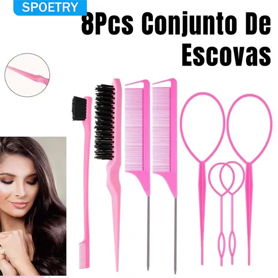 8Pcs Conjunto De Escovas De Cabelo Com Trança Francesa Pentes De Rabo De Rato Itens Essenciais Para Viagem