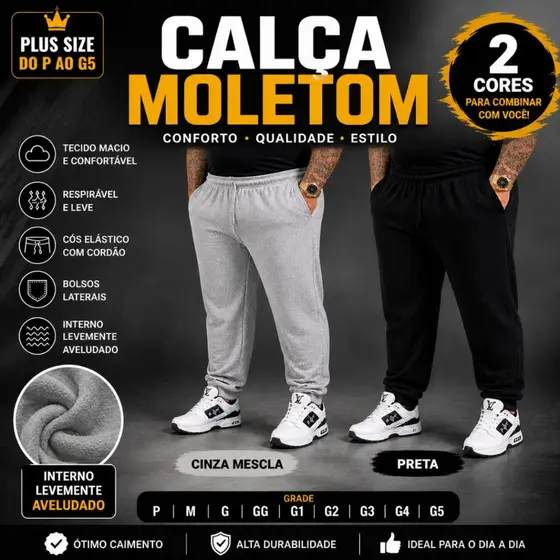 Calça Moletom Masculina Plus Size GG ao G5 Aveludada 2 Bolsos 50 Algodão 50 Poliéster Premium