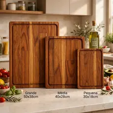 Kit 3 Tábuas de Corte Madeira Teca para Churrasco Cozinha Carne Gourmet 50x38 40x28 30x18 Resistentes Premium