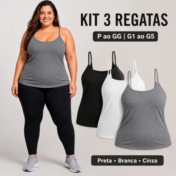 Kit 3 Regatas Femininas Alcinha Viscose Premium com Elastano P ao GG e G1 ao G5 Plus Size Básicas Lisas