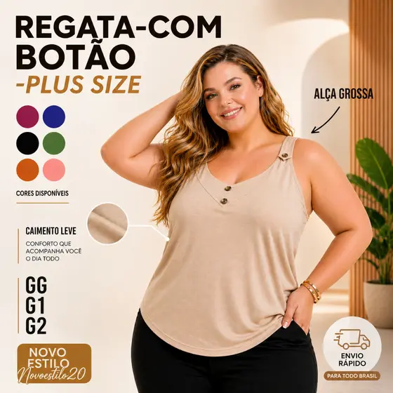 Regata Feminina Plus Size Decote V em Viscolycra Alça Grossa Básica Casual Confortável GG G1 G2