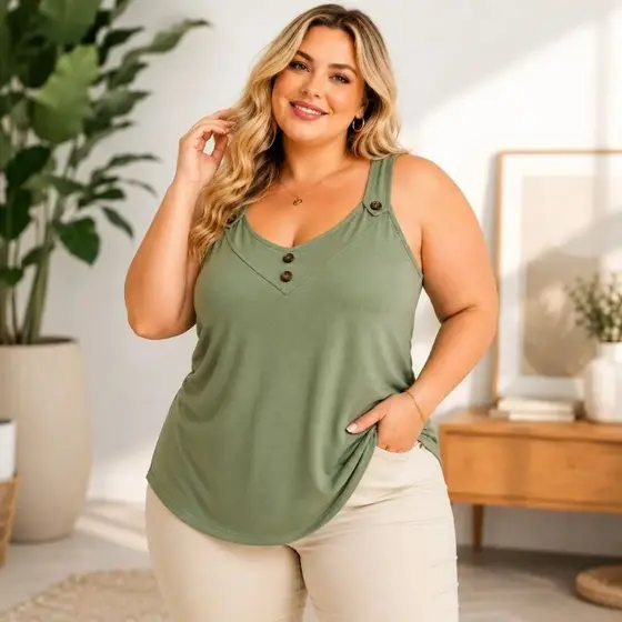Regata Feminina Plus Size Lisa em Viscolycra Premium com Elastano Confortável Casual GG G1 G2