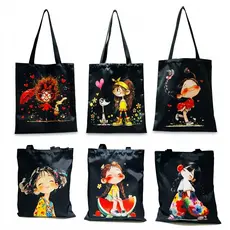 Sacola Ecobag De Lona Grande Capacidade Estampa Menina Fofa Para Compras Escola Passeio 40x32cm