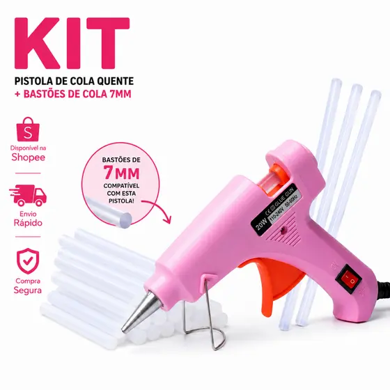 Kit Pistola de Cola Quente Rosa Bivolt + 10 Bastões de Cola Transparente 7mm