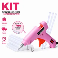 Kit Pistola de Cola Quente Rosa Bivolt + 10 Bastões de Cola Transparente 7mm