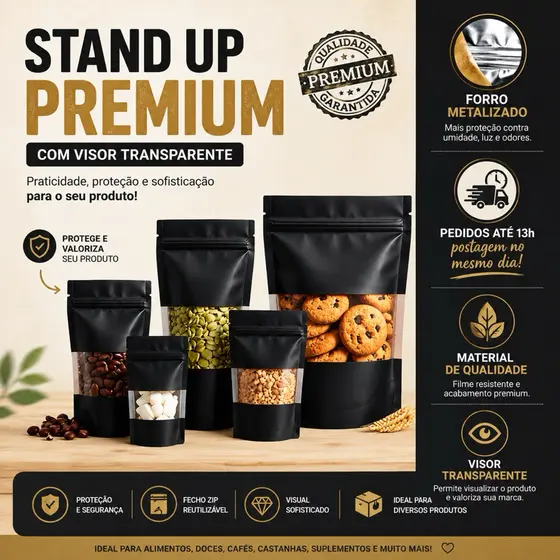Saco Stand Up Pouch Preto com Visor 10x15 Ziplock Fecho Hermetico 50un