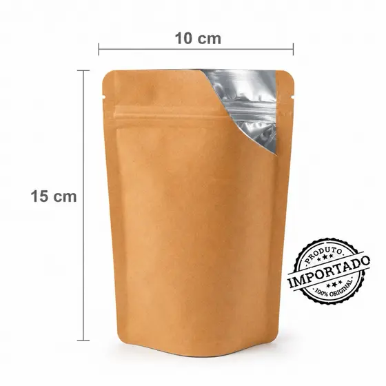 Saco Stand Up Pouch 10x15 Kraft Forro Metalizado Fecho Zip Alimentos Café 50un