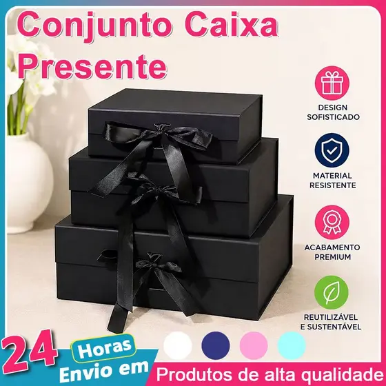 Caixa rígida / cartonada dobrável com fecho magnético e fita de cetim para presente - 1 Unidade