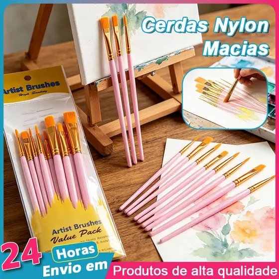 Kit 10 Pincéis Pintura Artista, Cerdas Nylon Macias, para Aquarela Acrílica Óleo, Tamanhos Variados