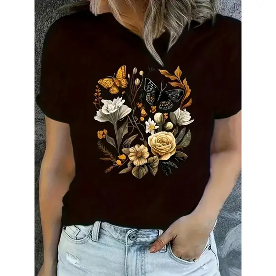 Camiseta Feminina com Flores e Borboletas | Estilo Boho e Natureza
