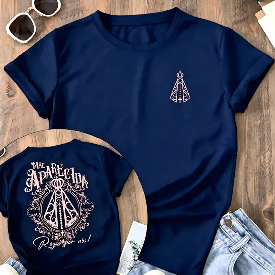 Camiseta Moda Cristã Jesus Petalas de Rosas Maria Mãe Aparecida Religiosa Catolica Religiosa 100% Algodão Unissex