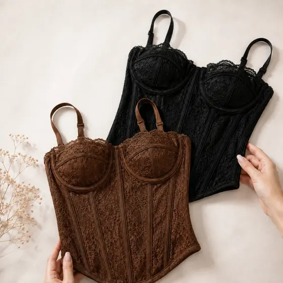 Cropped Corset Feminino em Renda Premium com Alças Reguláveis – Corselet Modelador Elegante e Versátil