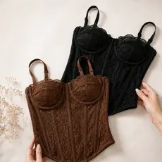 Cropped Corset Feminino em Renda Premium com Alças Reguláveis – Corselet Modelador Elegante e Versátil