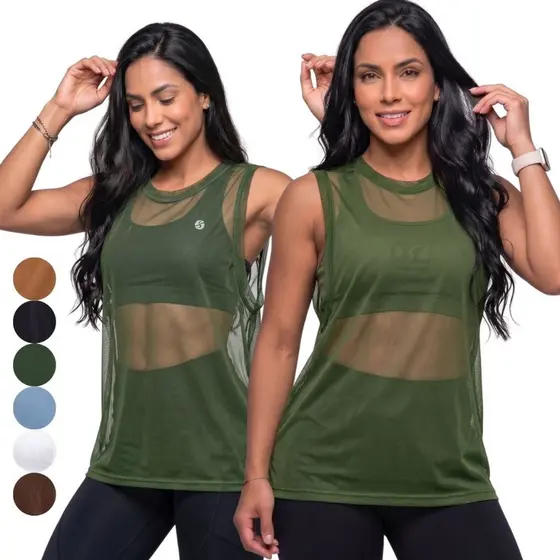 Blusa Feminina Academia Transparente Regata Tule Arrastão Moda Fitness Treino Camisão