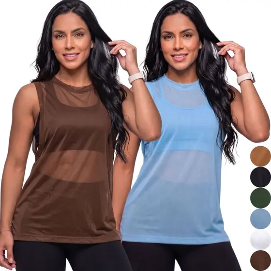 Kit 2 Blusa Feminina Regata Transparente Tule Arrastão Moda Fitness Academia Treino Camisão