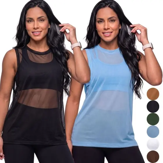 Kit 2 Blusa Feminina Fitness Regata Transparente Academia Tule Arrastão Moda Treino Camisão