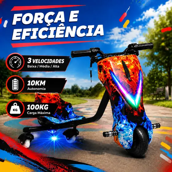 ✨Triciclo Elétrico Infantil Drift Oficial Ice Fire 36V 350W Com LED 3 Velocidades