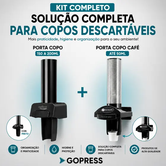 KIT PORTA COPOS DESCARTÁVEIS DE ÁGUA AUTOMÁTICO MULTICOPO NOBRE 150 a 200 ML+ DISPENSER 50 ML CAFÉ