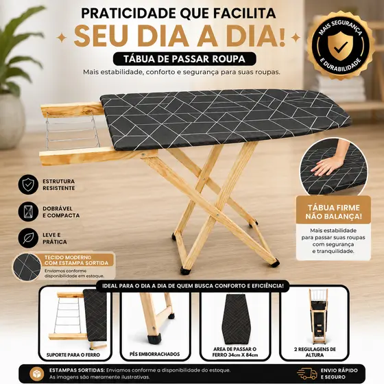 Tábua para Passar Roupas com Regulagem Dupla de Altura e Tecidos Sortidos Premium