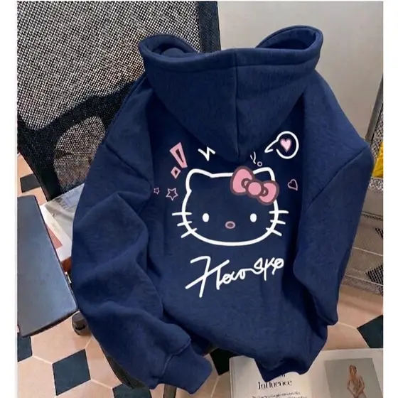 Moletom Americano Retro Hello Kitty  Infantil Versátil Doce Estilo Com Capuz Bolso Canguru 4 ao 14