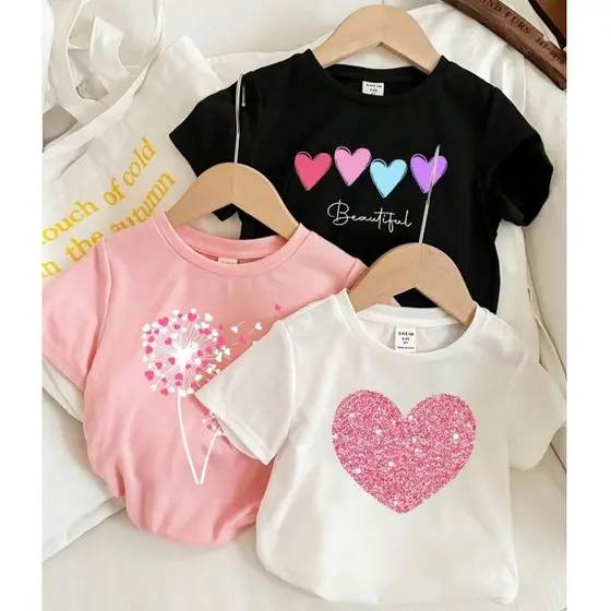 Kit 3 Camiseta Infantil Feminina Coração Fofinha Minimalista Blusa Para o Dia a Dia Style Luxo