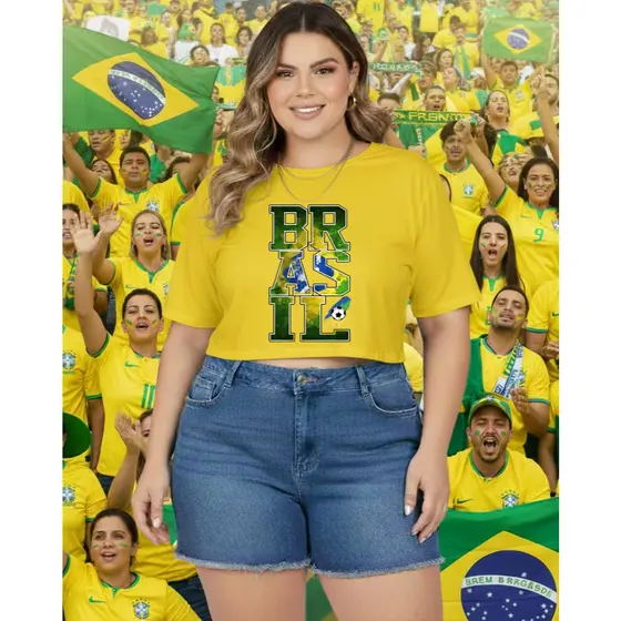 Camiseta Cropped Feminina Pluz size Copa Hexa Brasil Oversizedem  Algodão GG ao G3