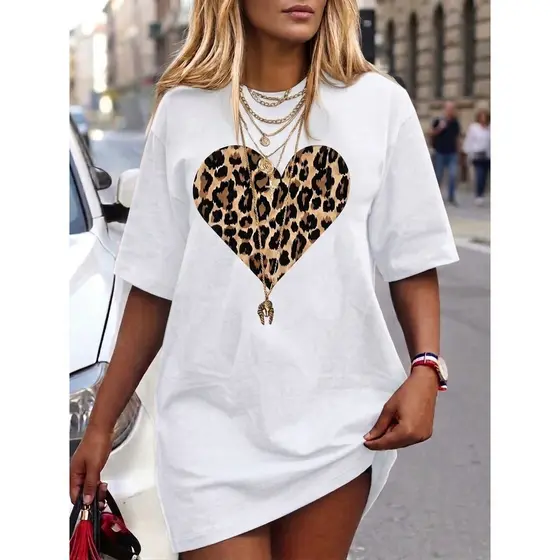 Tshirt Feminina Estilosa Estampada Coração Onça Camiseta 100% Algodão Camisetão  Oversized Plus Size