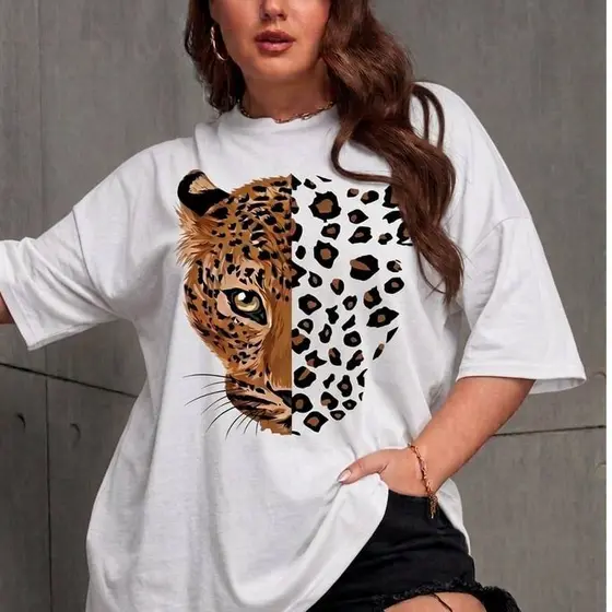 Tshirt Feminina Estilosa Estampada Onça Pintada Camiseta 100% Algodão Camisetão Camisa Oversized Plus Size