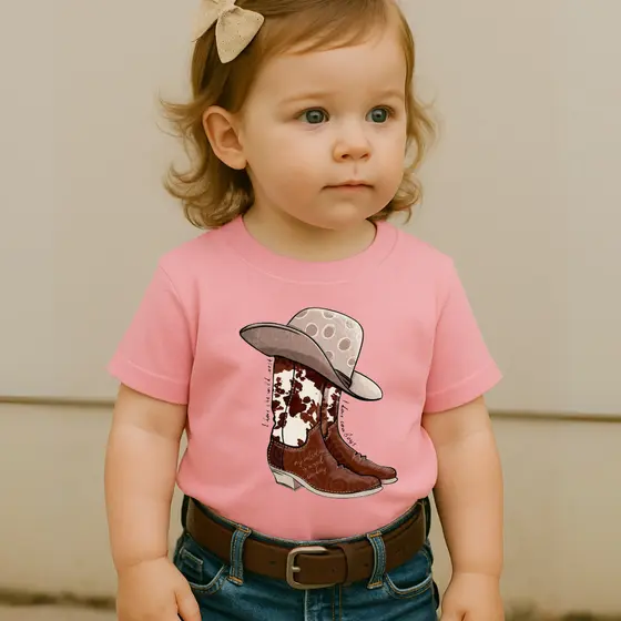Camiseta Infantil Country Estampa Bota e Chapéu Feminina Menina Manga Curta Moça Menina Escola Roça