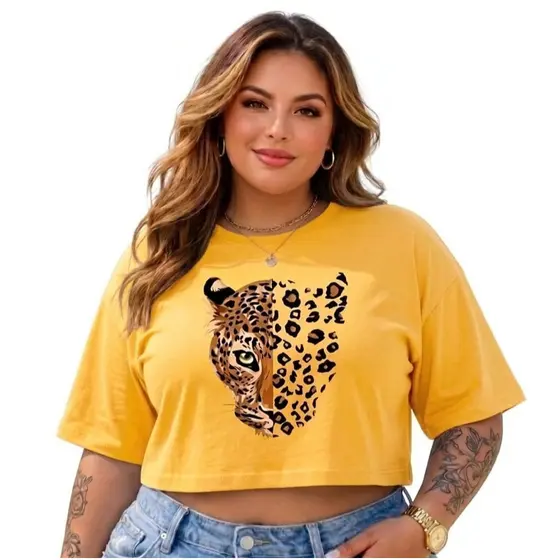 Cropped Plus Size Onça Blusa Plus Size  Algodão Premium T-Shirt Feminina Tendência Onça