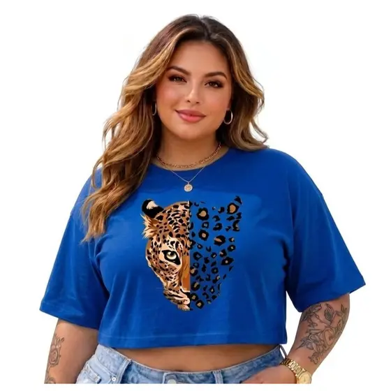 Cropped Plus Oversized Onça Blusa Plus Size  Algodão Premium T-Shirt Feminina Tendência Onça