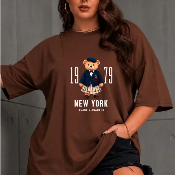 Camiseta Tshirt Feminina Estilosa Estampa Urso New York Camiseta Algodão Camisetão Oversized Plus Size