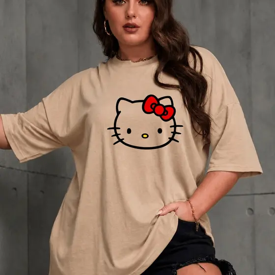 Camiseta Tshirt Feminina Estilosa Estampa Hello Kitty Retro Camiseta Algodão Camisetão Oversized Plus Size