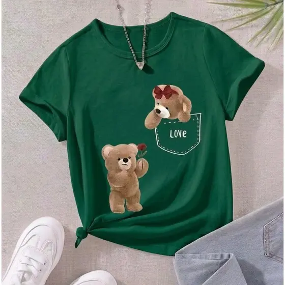 Camiseta Infantil Menina Casal Ursinho Flor Algodão Premium Confortável Leve Estilosa Blogueirinha