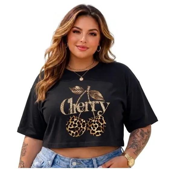 Cropped Plus Oversized Cereja Onça Blusa Plus Size  Algodão Premium T-Shirt Feminina Tendência Onça