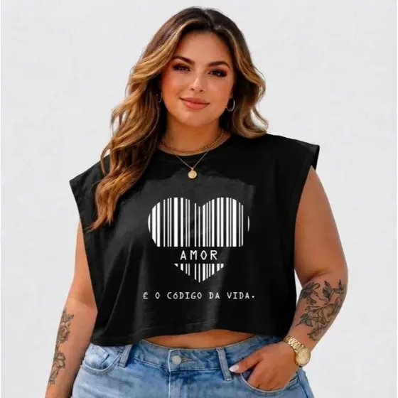 Cropped Plus Size Regata Feminina Coração Codigo Verão Calor Casual 100% Algodão Tendência
