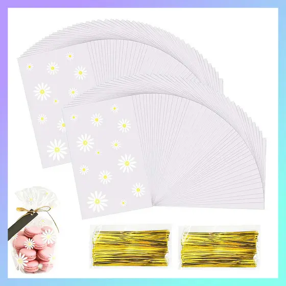 100 peças de 10 x 15.5 cm transparente margarida saco de plástico com ouro kink saco de presente, loja de doces saco