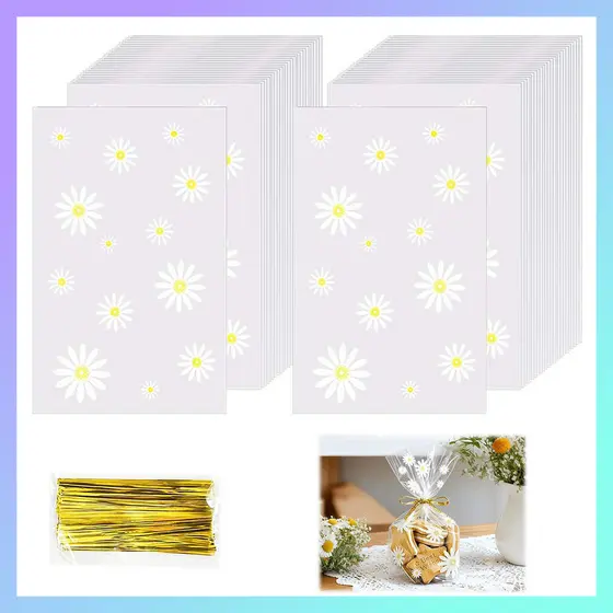 50 peças 23*15 cm transparente Margarida saco de plástico com torção de Ouro Saco Do Presente,Saco de doces de lembrança