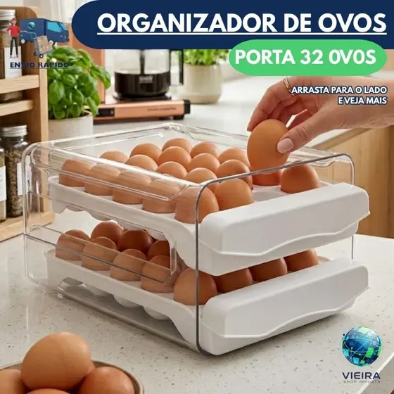 Gaveteiro porta ovos duplo acrílico 2 gavetas organizador de geladeira para 32 ovos