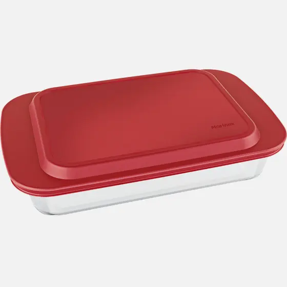 Travessa Retangular Marinex Seleta 3,5L com Tampa Vermelha – Vidro – 1 Unidade